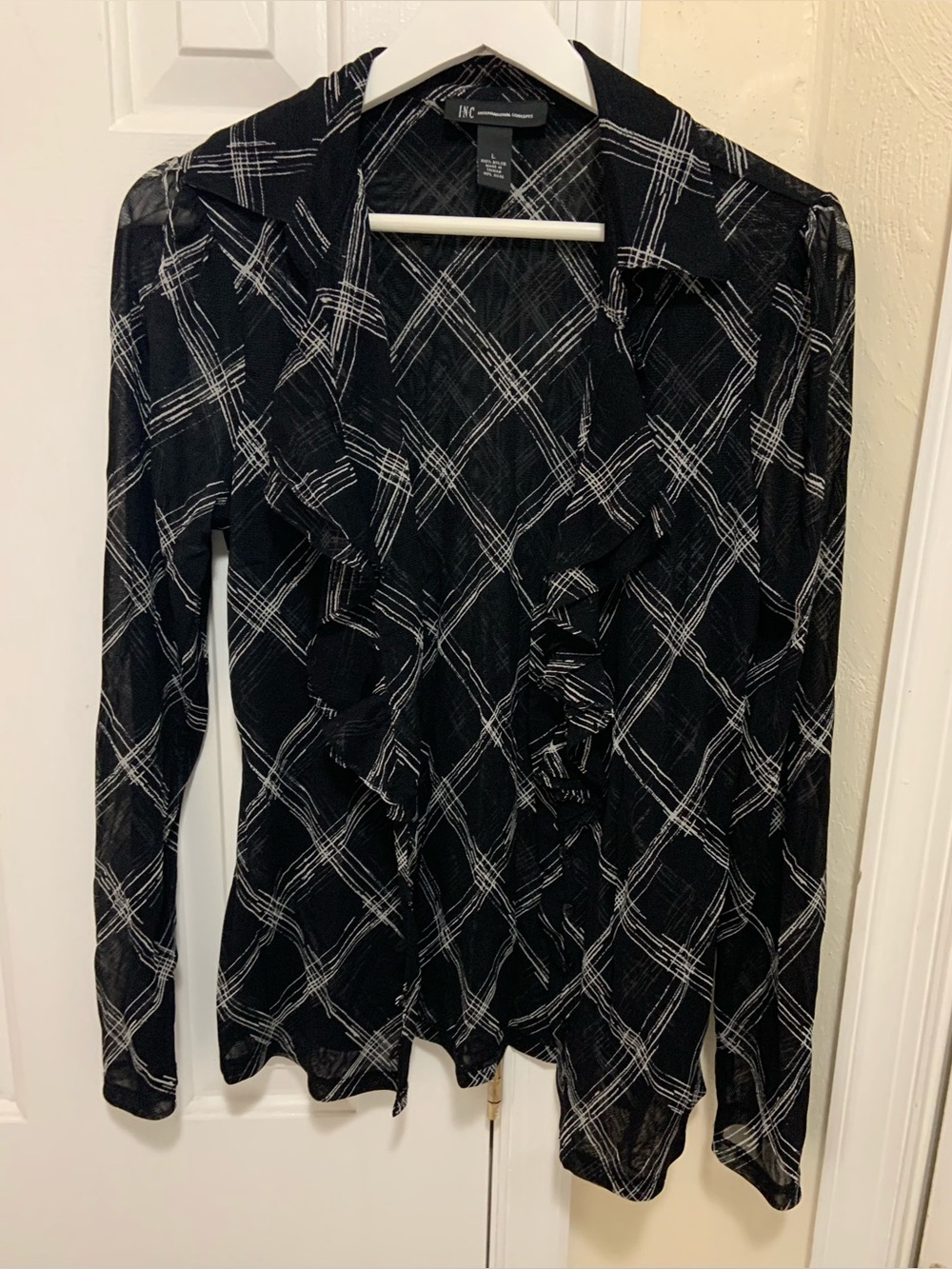 INC International Concepts Black and White Ruffle-Front Long Sleeve Blouse